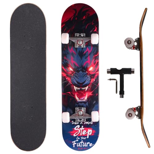 Professionelles Doppel-Kick-Skateboard, 78,7 cm Ahorn-Deck, ABEC-7-Kugellager, 95A PU-Räder, individuelles Grafikdesign (Feuer, 78,7 cm) (Löwe, 81cm)