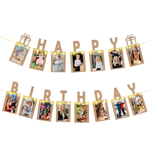 Seutgjie Happy Birthday Deko, Fotogirlande zum Geburtstag Kinder Frau Mann mit LED-Lichterkette und 15 Glitzerkarten für Fotos