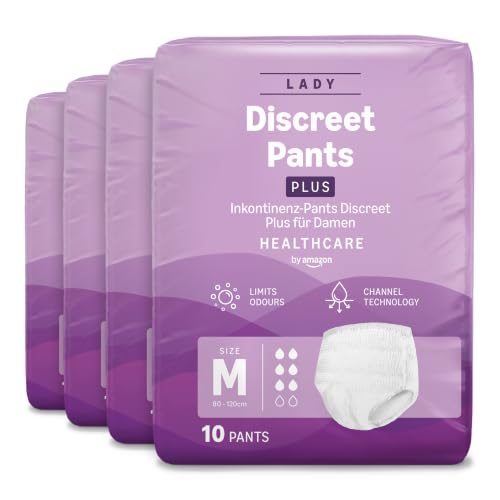 Healthcare by Amazon Discreet Damen Inkontinenz Pants, Plus-Saugstärke, M, 40 Stück (4 Packungen à 10 Stück), Weiß, (zuvor Amazon Basic Care) - Verpackung kann abweichen
