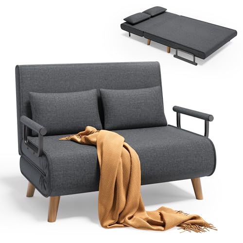 Xbro Schlafsofa 2-Sitzer mit Bettfunktion, Schlafsessel mit Bettfunktion mit Verstellbarer Rückenlehne und 2 Kissen, Sessel mit schlaffunktio für kleine Wohnung (Dunkelgrau)
