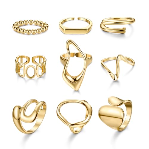 LOLIAS 9 Teilige Gold Ringe für Damen Klobige Ringe 18 Karat Vergoldetes Ringset Statement Daumenring Gewölbte Dicke Offene Ringe Set für Frauen Verstellbar