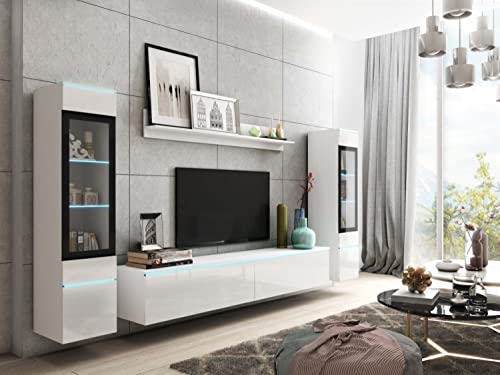 MINIO go for it - Wohnwand 4-Teilig Set Veve 2 I Hängend oder Stehend I 2X Hochschrank-Vitrine I Lowboard I Wandboard I Laminierte Spannplatte I Weiß und Weiß Gloss - LED Beleuchtung