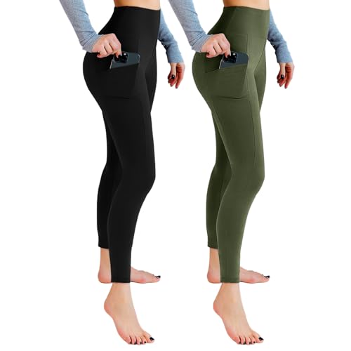 Leafigure 2er Pack Sport Leggings Damen High Waist Sporthose Damen Mit Taschen Gym Leggings Blickdicht für Sport Yoga Schwarze/Armeegrün LXL