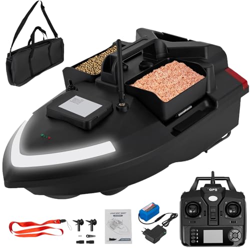 CHERIKIU 500m RC Köderboot mit GPS & 3 Köderboxen, ABS Angelköder Boot Fernbedienung Futterboot Fischköder Angeln Futterboot, Suchscheinwerfer & 12000mAh Batterie Fischköder-Boot (Schwarz)