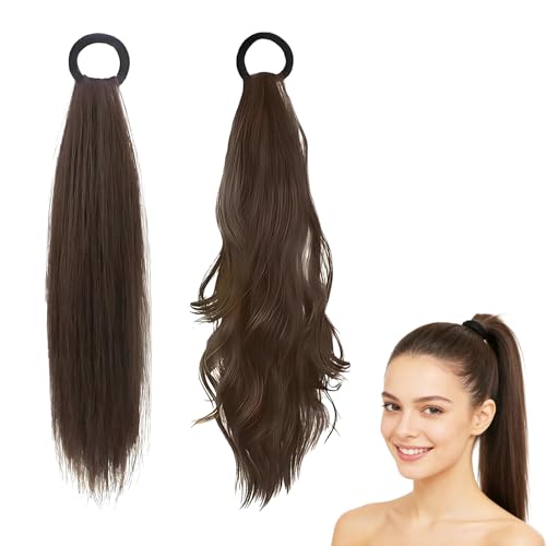 Jetstream 2 Stück Zopf Extension, 45cm Pferdeschwanz Haarteil, Ponytail Extension, Echthaar Zopf, Dunkelbraun, Gerader und Welliger Pferdeschwanz, Geeignet für Frauen und Mädchen