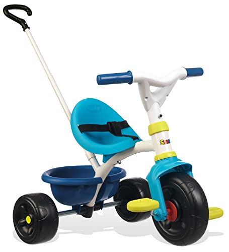 Smoby – Be Fun Dreirad blau – Kinderdreirad mit Schubstange, Sitz mit Sicherheitsgurt, Metallrahmen, Pedal-Freilauf, für Kinder ab 15 Monaten