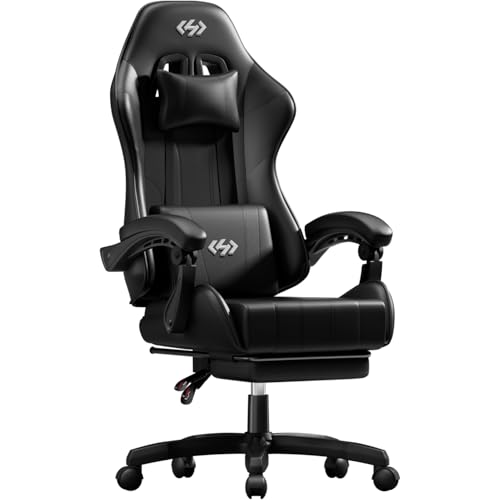 HLONONE Gaming Stuhl, Ergonomisch Gamer Stuhl mit Kopfstütze & Lendenkissen, Verstellbarer Gaming Chair mit Fußstütze & Linkage-Armlehnen, Gepolstert PC Stuhl Computerstuhl, Schwarz