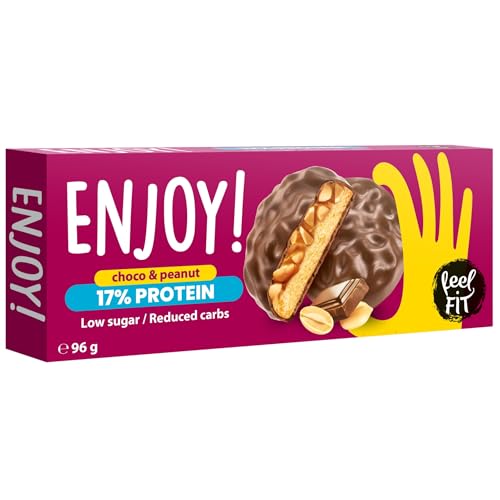 Feel FIT ENJOY! Choco & Peanut, Protein Kekse mit Erdnuss Creme und Erdnüssen in Milchschokolade ohne Zuckerzusatz, Low-Carb & Keto-freundlich Süßigkeiten, Kekse für Diabetiker, Protein Snacks, 96 g