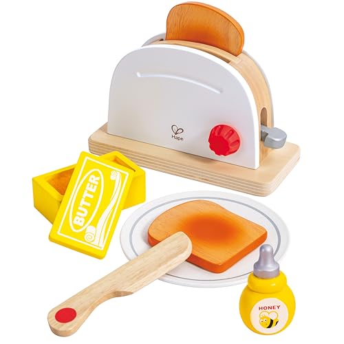 Hape Pop-up-Toaster-Set - Küchen-Fantasiespiel mit Frühstückszubehör, Küchen-Spielzeug aus Holz, Pop-up-Toaster-Set, Rollenspiel Küchenzubehör, Lernspielzeug für Kinder ab
