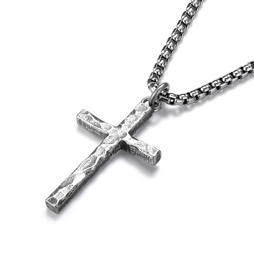 Sllaiss Kreuz Kette Herren Silber 925 Anhänger mit Edelstahlkette Halskette für Männer Jungen Kette mit Kreuzanhänger Silberkette Gehämmert Retro Vintage Herrenhalskette Wasserfest 20 Zoll