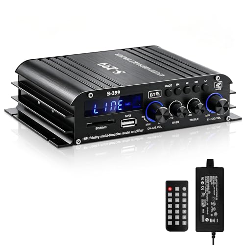 HiFi Verstärker mit Bluetooth, S-299 4.1-Kanal RMS 40Wx4+50W Max. 800W Bluetooth5.0 Mini Audio Verstärkers Subwoofer Verstärker mit USB SD Slot, AUX DC 12V/5A für Heimlautsprecher