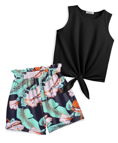 Arshiner Mädchen Tanktops mit Shorts Set Kinder Sommer Bekleidungssets Lässige Mode Ärmelloses T-Shirts Kleidung Anzug für Mädchen 8-9 Jahre Schwarze & Hawaii Blume