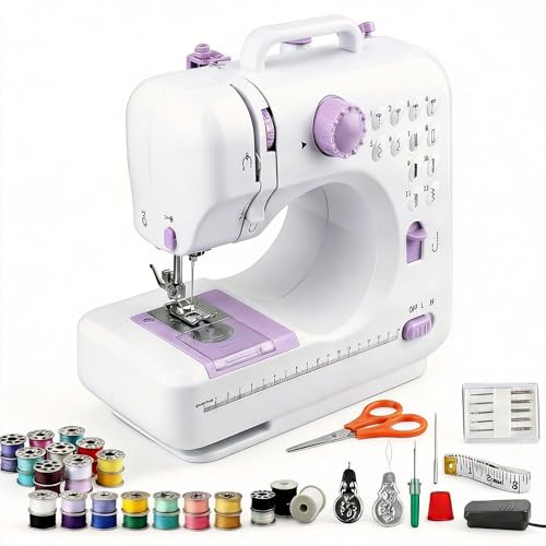 FONCOOD Nähmaschine für Anfänger,Tragbare Elektrische Nähmaschine mit Eingebautem LED-Licht und Fußpedal mit 12 Stichmustern Mini Nähmaschine inkl. Overlock, Weiß-Lila
