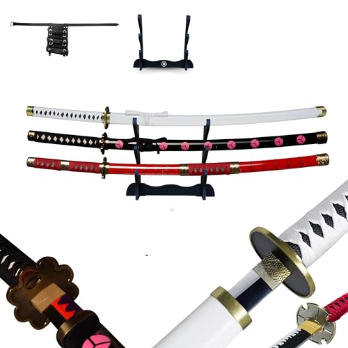 Hashiman - Triple Katana One Piece – Roronoa Zoro Shusui Wado Kitetsu – Drei Manga-Nachbildungen Säbel + Ständer für Schwert aus Holz + Dreifachgürtel, SH-511-7WDL