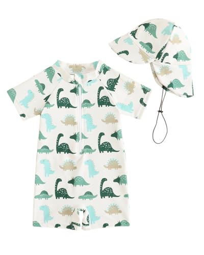 UV Kleidung Baby Badeanzug mit Hut Gr 68-98, UPF UV Schutzkleidung Schwimmanzug Baby Junge, Kleinkind Einteiliger UV Badebekleidung Shirt, Grüner Dinosaurier 3-6 Monate/68