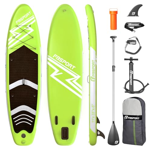 FBSPORT Aufblasbares SUP Board, Stand Up Paddling Board, Aufblasbare Stand Up Paddle Board für Stand-Up Paddling 15CM Dick, Surfbrett Kit mit Verstellbares Aluminium SUP Paddel+Pumpe(FruitGreen)