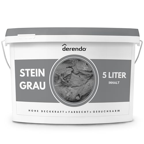 derendo Exklusive Wandfarbe grau 5L, hohe Deckkraft, Dispersionsfarbe innen, Innenwandfarbe Raumfarbe Betonoptik Steingrau, Deckkraftklasse 2, hochdeckende Innenfarbe Profi Qualität