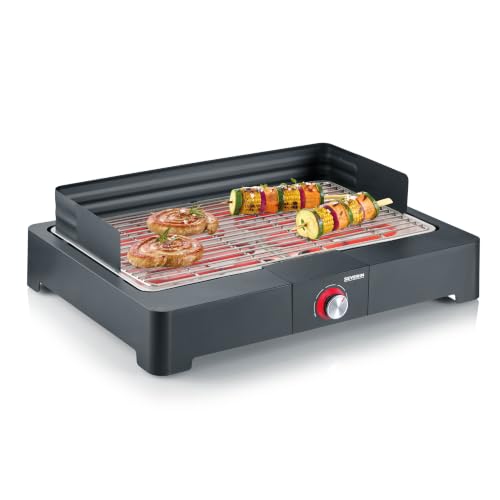 Severin Elektro-Grill, Tischgrill, Edelstahl-Grillrost, für Balkon, 2200W | Kurze Aufheizzeit, 260°C, Indoor- und Outdoor, SafeTouch, einfache Reinigung, elektrisch, draußen, 44,5x26cm, schwarz, 8565