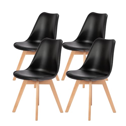 Sweetrcrispy Esszimmerstühle 4er Set, Mid-Century Modern, PU-Leder Polsterstühle mit Holzbeinen, Küchen- & Esszimmer, Schwarz