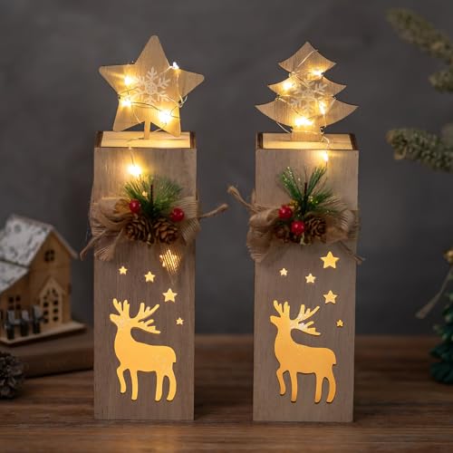 NUPTIO Weihnachtsdeko Holz Innen Weihnachtsdekoration - 30cm Höhe 2 Stück LED Holzdeko Weihnachten Fensterbank Adventsdeko Beleuchtet Fenster Rentier Start Baum Geschenk (Batterien Nicht Enthalten)