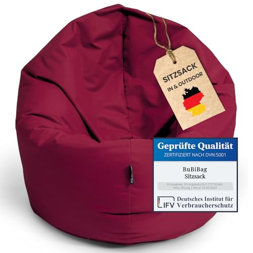 BuBiBag 2in1 Sitzsack L - XXL mit Füllung für Kinder & Erwachsene, Gaming Beanbag & Bodenkissen für Indoor & Outdoor Sessel Pflegeleicht & Wasserabweisend M BIS 6 Jahre (Ø 85 cm Weinrot)