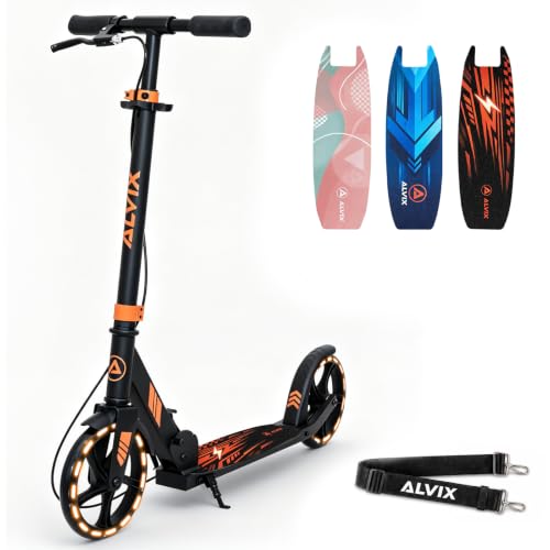 ALVIX Kinder Scooter mit Handbremse & LED-Rädern – 200 mm, Schwarz