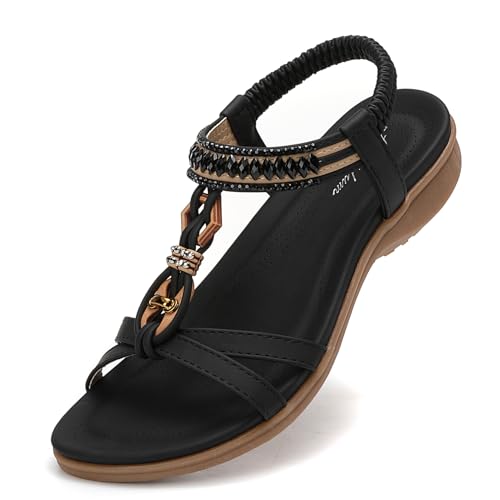 Littleplum Sandalen Damen Sommer Flache Sandaletten Elegant Sandals Strand Schuhe(Schwarz,41EU)
