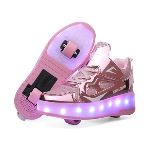 HUSKSWARE Kinder Schuhe mit Rollen – LED Sneaker 2 Rollen, USB aufladbar, Farbwechsel Licht, Skateboard Schuhe Jungen Mädchen, Rollschuhe Sportlich, Schwarz Rosa Gold Silber Weiß, Größe 27–40 EU