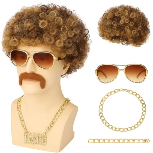 Balinco Afro-Set – Lockige Perücke mit Schnurrbart Brille & Halskette | Komplettes Party-Kostüm für Karneval Fasching Halloween & Cosplay | Unisex Verkleidung für Erwachsene & Kinder