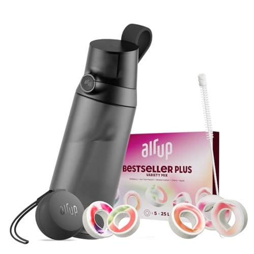 air up Click Trinkflasche Midnight Black 600 ml - Starter-Pack mit 5 Kapseln, Strohhalmbürste und Twogo-Etui in Schwarz | Zuckerfrei, BPA-frei