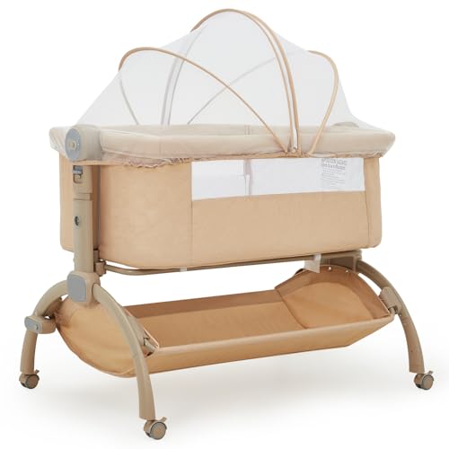 Beistellbett Baby mit atmungsaktiver Mesh-Konstruktion & Verstellbarer Höhe, Reisetaugliches Babybett mit 360° Rädern, Anti-Verschluck-Design, Stauraum und Travelbag für sicheres Co-Sleeping