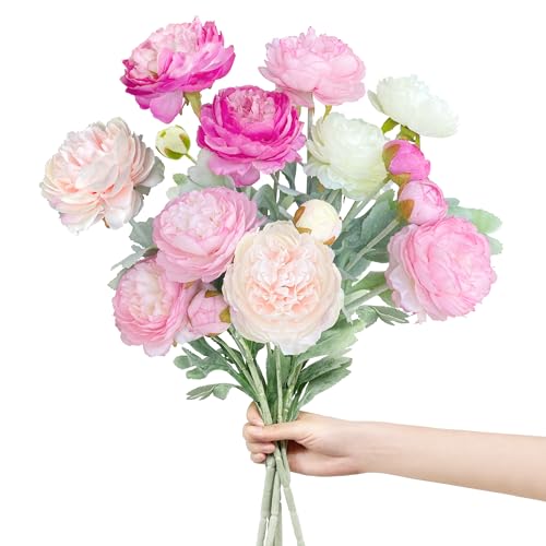 ROLLWAY 5 Bündel Kunstblumen wie Echt Pfingstrosen Künstlich Seidenblumen Groß 51cm, Künstliche Blumen Ranunkeln Künstlich Pfingstrose Kunst Blumen Künstlicher Blumenstrauss Rosa Lila Weiß（φ 8cm）