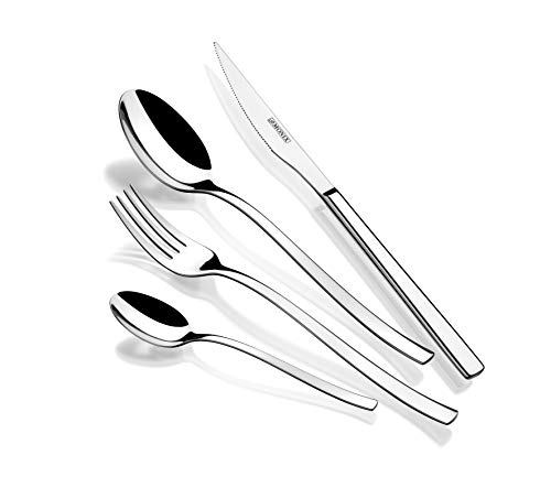 MONIX Génova | 24-teiliges Besteckset mit Steakmesser, Edelstahl 18/10, avantgardistisches und modernes Design, glänzend polierte Oberfläche, Dicke 2,5 mm (6 Personen), Farbe Silber