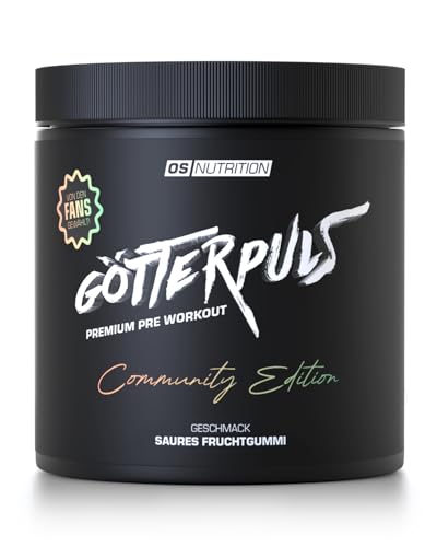 OS NUTRITION Götterpuls Community Edition Pre Workout – mit L-Citrullin + Arginin AKG + Beta-Alanin – 200mg Koffein – Für Fitness & Kraftsport – 400g (25 Portionen), Saures Fruchtgummi