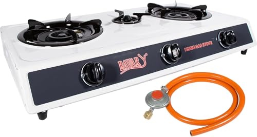 3 Flammiger Premium Gasbrenner Leistungsstarker Doppelbrenner für Outdoor & Indoor-Campingkocher mit automatischer Zündung mit Druckminderer und Schlauch (3-Flammig mit Druckminderer und Schlauch)