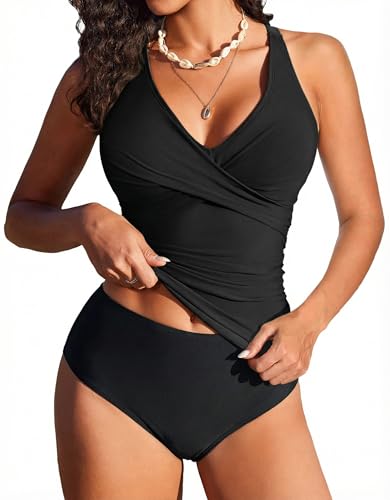 Ekouaer Tankini Damen Bauchweg Push Up Zweiteiliger Badeanzug Crossover Tankini Set Hight Waist Bademode, Schwarz XXL