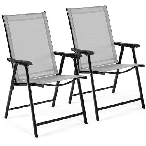Yaheetech 2er Set Gartenstühle, Hochlehner Klappstühle Terrassenstühle mit Rückenlehne & Armlehnen, Klappbare Outdoor-Stühle Essstühle bis 150 kg Belastbar Grau