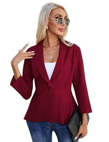 YesPerfect Damen Blazer 3/4 Arm Knopf R Schen B Ro Blazer Elegant Jacke, Weinrot, 2XL