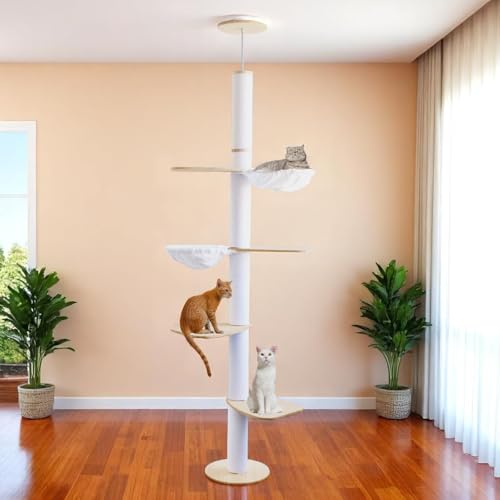 Katzenbaum Deckenhoch – 5-stöckiges Katzenkletter-Aktivitätszentrum mit Kratzbaum, 4 Etagen, 2 Hängematten, höhenverstellbar (190–260 cm), von Boden bis Decke, platzsparend & stabil
