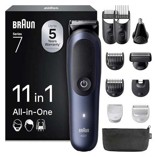 Braun All-in-One Trimmer-Set 7, 11-in-1 Multigroom, Barttrimmer, Nasenhaartrimmer, Haarschneidemaschine für Gesicht, Kopf und Körper, 120 Min Akku, 14 Längen (0.1–21 mm), Wasserdicht, AIO7540, Blau