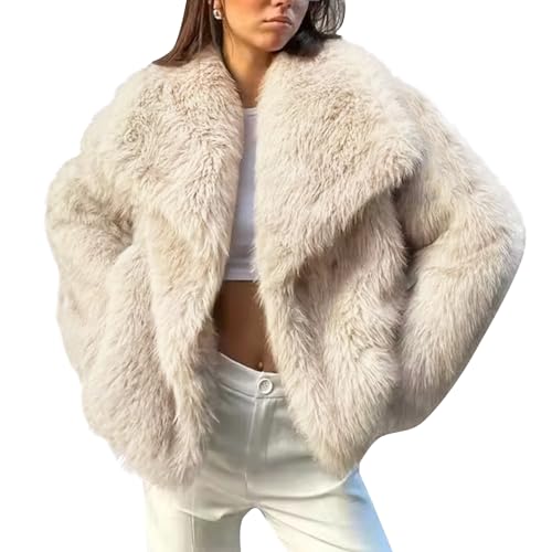 Damen Kunstpelz Mantel Flauschige Kunstpelz Jacke Langarm Revers Pelz Winterjacken Zottelparka Kurzmantel (Beige,L)