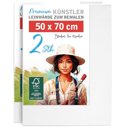 2er-Set Leinwand zum Bemalen 50x70cm groß - 100% Baumwolle 280g/m², 2-fach grundiert, FSC® Holz-Keilrahmen 17mm, für Acrylfarbe, Aquarell, Öl & Gouache
