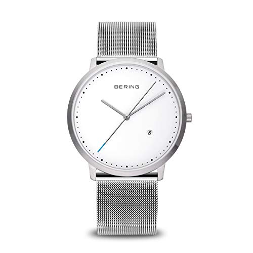 BERING Unisex Quarz Uhr | Armbanduhr 39 mm silbernes Edelstahlgehäuse und weißes Zifferblatt | Milanaisearmband | Saphierglas | 3 ATM | 11139-004