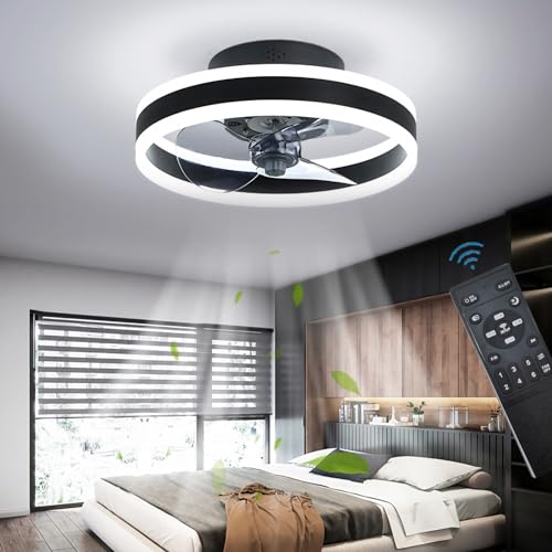 OMGPFR Reversibel Led Deckenventilator Mit Licht Fernbedienung Leise 6 Geschwindigkeiten Schlafzimmer Deckenventilator Mit Beleuchtung Wohnzimmer Modern 24W Dimmbar Deckenlampe, Schwarz 40CM