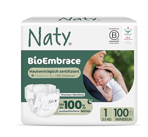 Naty BioEmbrace Baby Windeln für Neugeborene | Zertifiziert hautfreundlich | Bis zu 100% Auslaufschutz | Pflanzenbasiert & weicher Premium-Komfort | Chlorfrei | Größe 1 (2–5 kg), 100 Stück