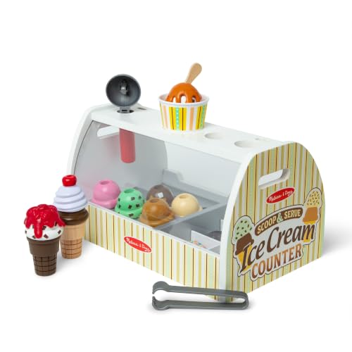 Melissa & Doug - Eisdiele aus Holz, 28-teilig, Für das Eisdielen-Rollenspiel mit 8 Sorten Eiscreme, Eistüten und Eisbecher, Spielgeld inklusive, Für Kinder ab 3 Jahren