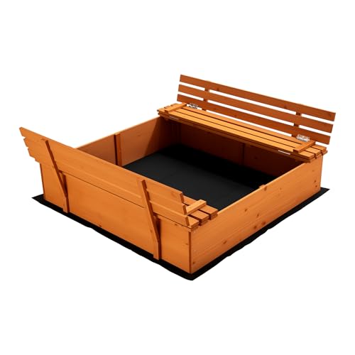 Sandkasten mit Deckel 2 Sitzbänke 98 x 98 x 21 cm, Sandkiste aus Holz mit klappbaren Bänken, Sandkasten mit Abdeckung, Sandbox mit Vliesboden