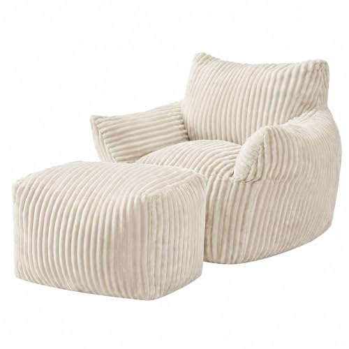 JULY'S SONGSitzsack Sessel mit Hocker,XXL Bean Bag Sofa,für Erwachsene oder Kinder,Equemer Sessel Lounge, Wohnzimmer, Schlafzimmer, Büro, Cremeweiß