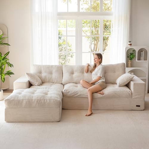 MAXYOYO Sofa mit Schlaffunktion, Ecksofa L Form Cordstoff 264x171 cm Cord Couch Wohnzimmer Schlafsofa mit Ottomane Universal Easy Clean & Pet Friendly,Keine Montage(Off-White)