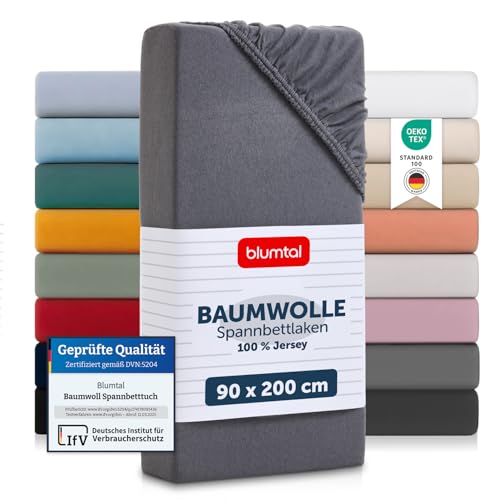 Blumtal® Basics Spannbettlaken 90x200cm Jersey - Bettlaken aus 100% Baumwolle - Oeko-TEX zertifiziertes Spannbetttuch 90x200 cm - Grau